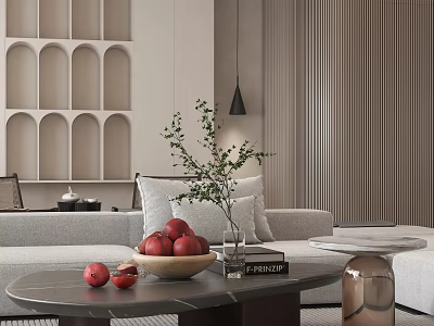Elegant Modern Living Dining Room Interior With Grey Sofa Marble Coffee Table And Green Plant 3d model
