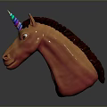3D Rendered Unicorn Head With Brown Mane And Blue White Spiral Horn