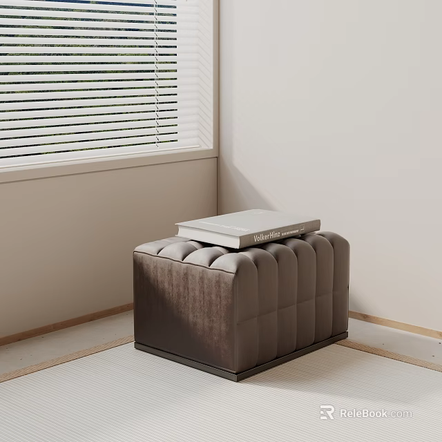 Velvet Tufted Square Ottoman In Living Room Corner With Stacked Books Near Window With Blinds 3d model 