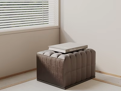 Velvet Tufted Square Ottoman In Living Room Corner With Stacked Books Near Window With Blinds 3d model