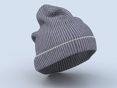 Soft Gray Striped Knit Beanie With White Stitching Warm Winter Accessory 3d model