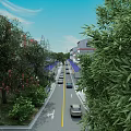 Road Facilities With Yellow Dividing Line Sidewalks Trees Buildings And Cars