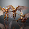 Angel Warriors With Golden Wings And Armor In Standing Jumping Kneeling Poses