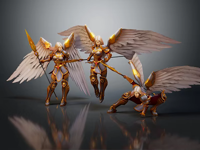 Angel Warriors With Golden Wings And Armor In Standing Jumping Kneeling Poses 3d model