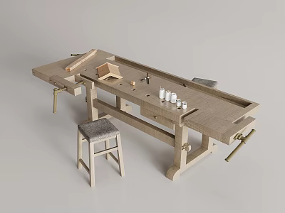 Rustic Wooden Workbench With Drawers Tools And Two Stools For Craft Use 3d model
