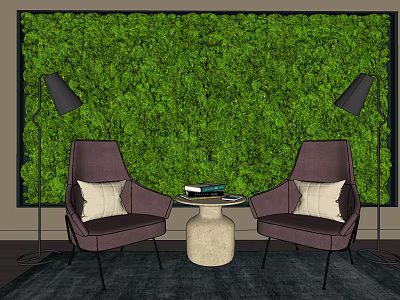 Leisure Sofa Set Featuring Two Chairs Round Side Table Floor Lamps And Living Plant Wall 3d model