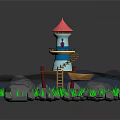 Cartoon Scenery With Red Top Lighthouse Wooden Ladders Small Boat Water Green Grass Rocks