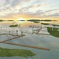 Scenic Lake Landscape With Sunset Islands Flying Birds And Wooden Walkways