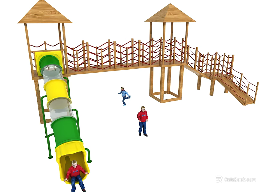 Wooden Playground Equipment With Twin Towers Bridge And Colorful Slide For Children 3d model 