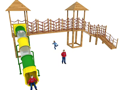 Wooden Playground Equipment With Twin Towers Bridge And Colorful Slide For Children 3d model