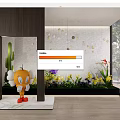 Modern Indoor Interior Landscape With Green Plants Colorful Flowers Circular Wall Decor And Glass Windows