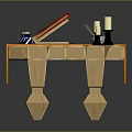Wooden Workbench Setup with Red Cloth Tools Candles Keys and Crafting Board with Red Patterns
