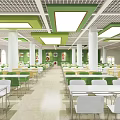 School Cafeteria Interior With Green White Chairs And Bright Ceiling Lights 3d model