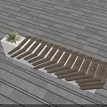 Outdoor Bench With Wooden Herringbone Design And Small Plant On Gray Stone Pavement