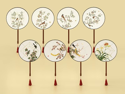 Ornamental Decor Set With Circular Fans Floral Bird Patterns And Red Tassels 3d model