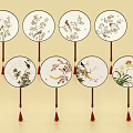 Ornamental Decor Set With Circular Fans Floral Bird Patterns And Red Tassels
