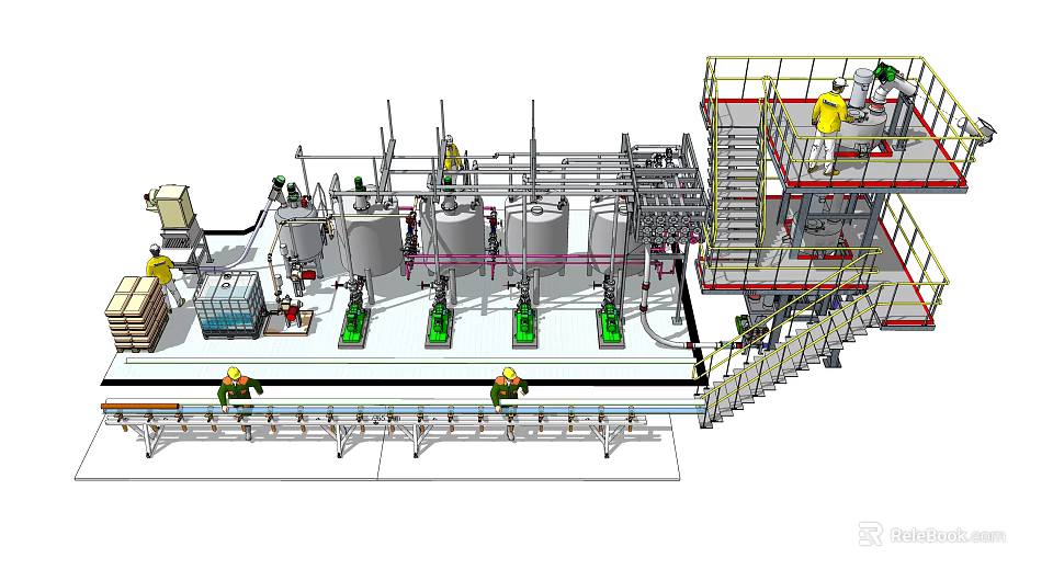Industrial Equipment Production Line With Stainless Steel Tanks Pipes Conveyor Belt And Platforms 3d model 