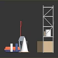 Metal Storage Shelf With Red Cart Trash Bin Cardboard Boxes And Traffic Cone