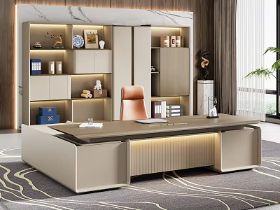 Modern Luxury Executive Office With Large Work Desk Leather Chair And Illuminated Background File Cabinets 3d model
