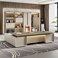 Modern Luxury Executive Office With Large Work Desk Leather Chair And Illuminated Background File Cabinets