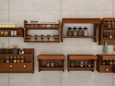 Wooden Kitchen Wall Cabinets And Hanging Shelves With Spice Jars And Food Containers 3d model