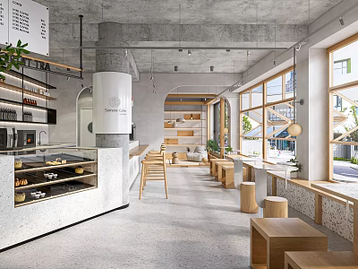 Cafe Interior Design with Concrete Ceiling Large Windows Wooden Furniture Display Case and Green Plants 3d model