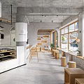 Cafe Interior Design with Concrete Ceiling Large Windows Wooden Furniture Display Case and Green Plants
