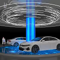 Modern Car Display Platform With Illuminated Blue Pillar Circular Light Effects And White Vehicles