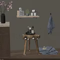 Rustic Wooden Stool In Warm Interior With Wooden Cabinet Vase Flowers And Shelf