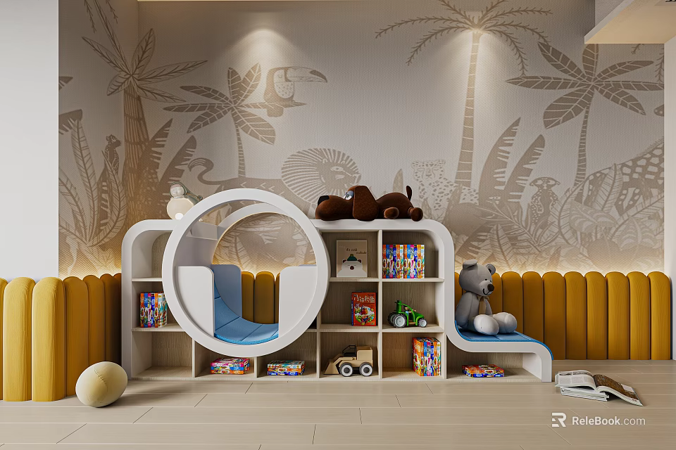 Colorful Kids Room Decorative Cabinet With Toys Books Blue Seat And Palm Tree Wall 3d model 