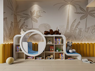 Colorful Kids Room Decorative Cabinet With Toys Books Blue Seat And Palm Tree Wall 3d model
