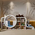 Colorful Kids Room Decorative Cabinet With Toys Books Blue Seat And Palm Tree Wall