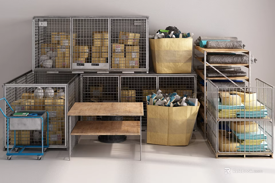 Industrial Storage Equipment With Metal Cages Bins And Workbench In Warehouse 3d model 
