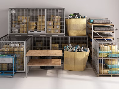 Industrial Storage Equipment With Metal Cages Bins And Workbench In Warehouse 3d model