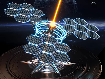Space Solar Panel Array With Hexagonal Structure Near Earth And Light Beam 3d model