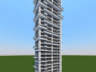 Modern High Rise Residential Building With Balconies Green Landscape Under Blue Sky 3d model