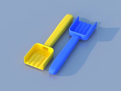 Yellow and Blue Plastic Shovels With Long Handles And Grooved Blades For Kids 3d model