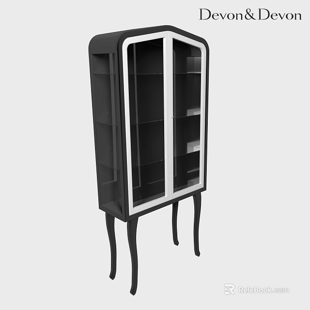 Modern Black Decorative Cabinet With Glass Doors Multiple Shelves And Slender Legs 3d model 