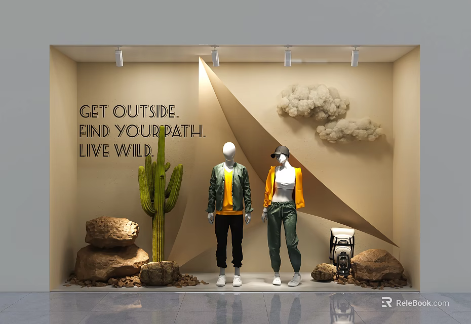 Outdoor Themed Window Display With Cactus Rocks Cloud Decorations And Mannequins 3d model 