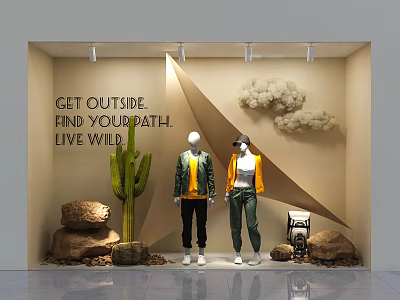 Outdoor Themed Window Display With Cactus Rocks Cloud Decorations And Mannequins 3d model