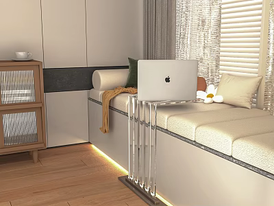 Modern Coffee Table with Sofa Bench Laptop Wooden Cabinet White Flowers LED Strip Lights 3d model