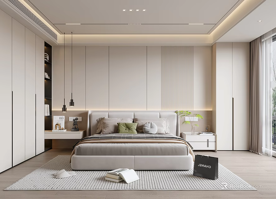 Modern Bedroom Interior Design With King Bed Nightstands Pendant Lights And Area Rug 3d model 