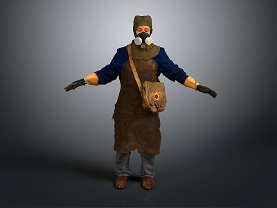 Game Movie Character Wearing Gas Mask Brown Apron Blue Top Shoulder Bag And Black Gloves 3d model