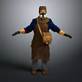 Game Movie Character Wearing Gas Mask Brown Apron Blue Top Shoulder Bag And Black Gloves