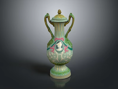 Classical Green And White Vase With Decorative Patterns Female Portrait And Double Handles Lid 3d model