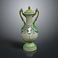 Classical Green And White Vase With Decorative Patterns Female Portrait And Double Handles Lid