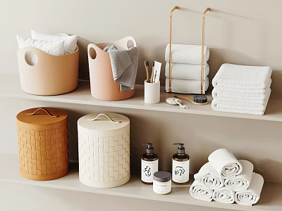 Neatly Stacked Towels In Bathroom With Storage Baskets And Toiletries 3d model