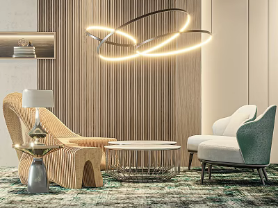 Modern Luxury Living Room Sofa And Coffee Table Set With Ring Chandelier And Patterned Rug 3d model