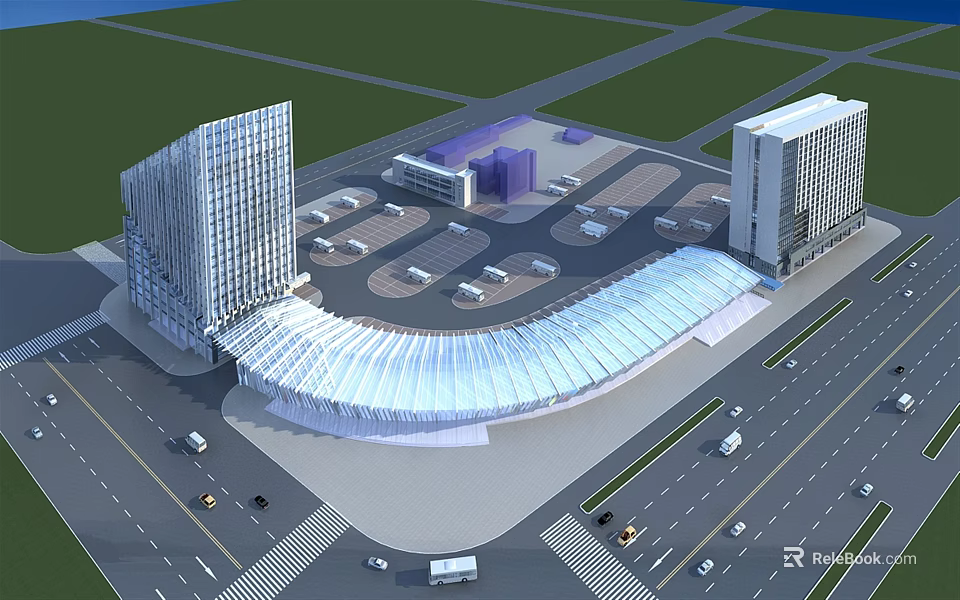 Modern Urban Architectural Complex With Curved Glass Structure Tall Buildings And Parking Lots 3d model 