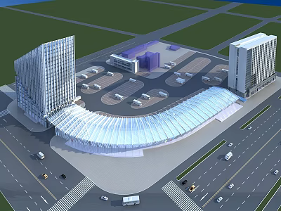 Modern Urban Architectural Complex With Curved Glass Structure Tall Buildings And Parking Lots 3d model